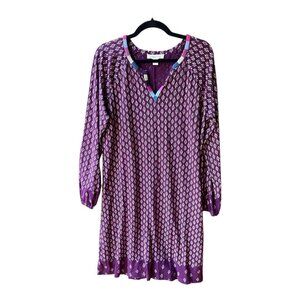 Coldwater Creek Size L Purple & White Long Sleeve Split Neck Sheath Dress